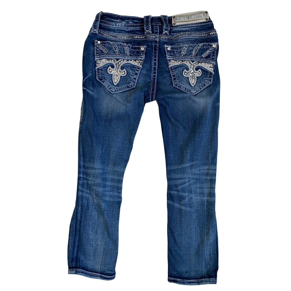 Rock Revival Darcey Crop Jeans Womens 25 Dark Wash Distressed Sequin Rhinestone - Picture 5 of 9